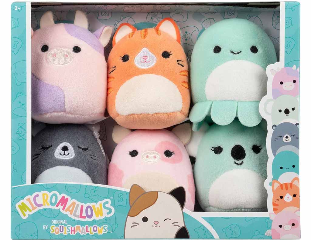 Boxed set of six colorful Micromallows plush toys featuring animals like a cow, cat, octopus, bear, pig, and koala.