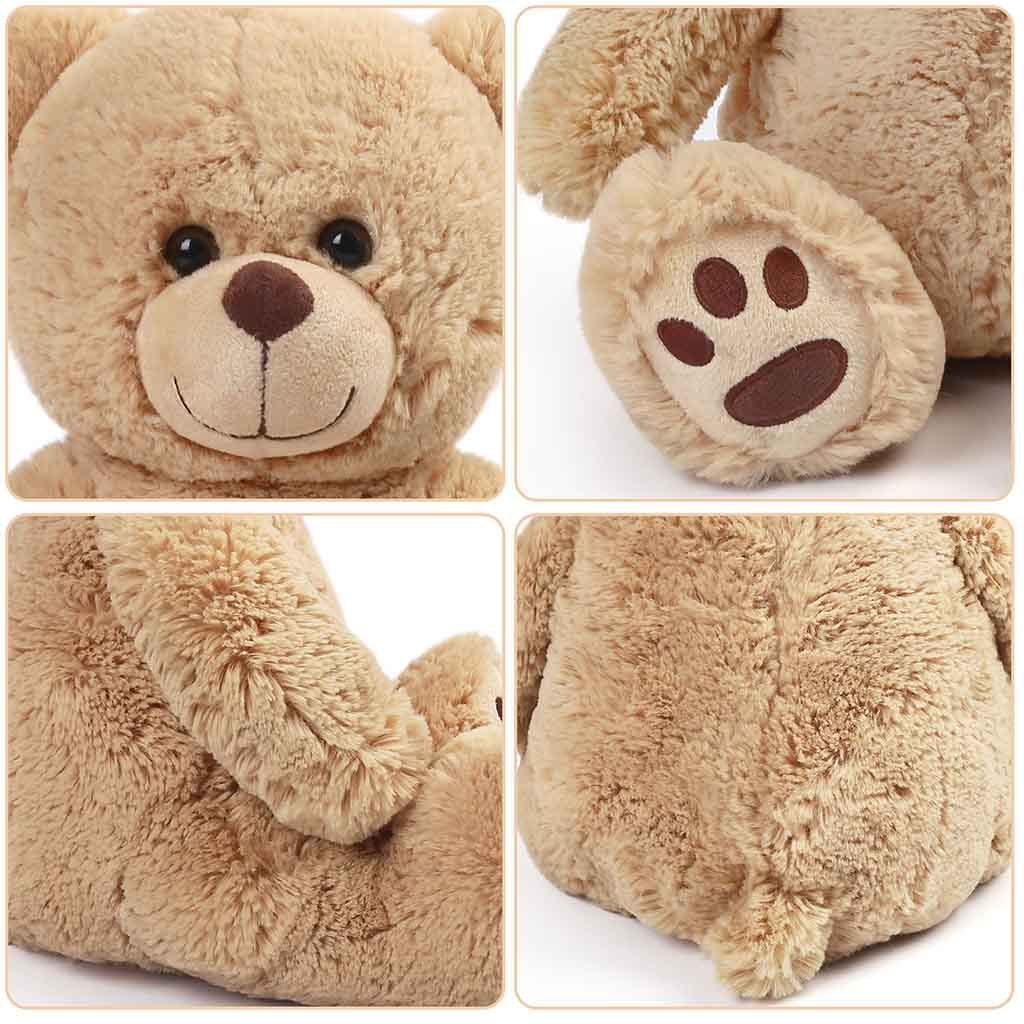 Close-up collage of a brown teddy bear showing its smiling face, paw print design, soft arm, and back stitching.