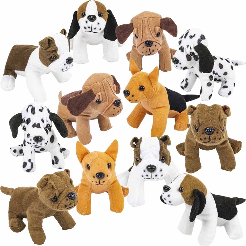 A set of plush dog stuffed animals in various breeds and colors, including Dalmatian, bulldog, beagle, and shepherd designs.
