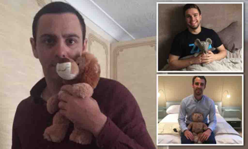 Three men holding different stuffed animals, highlighting how plush toys provide comfort and companionship for adults.