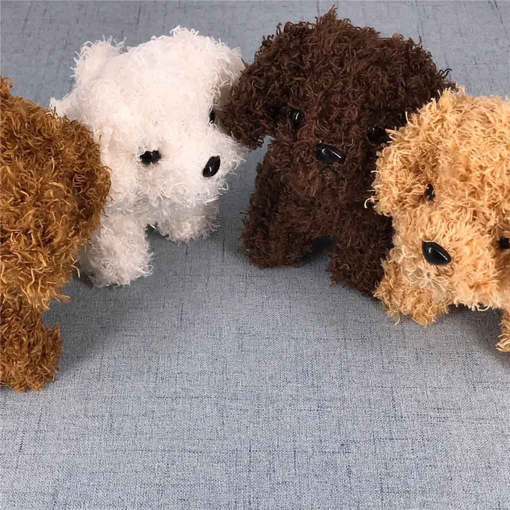 Set of small curly poodle plush toys in white, brown, and beige colors with black button noses and eyes.