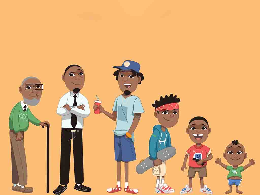 Cartoon-style illustration showing six male characters of different ages, from toddler to elderly, representing generational differences.