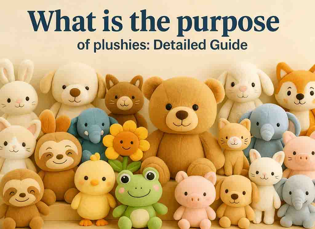 Group of colorful plush animals including teddy bear, rabbit, dog, cat, frog, and elephant with text “What is the purpose of plushies: Detailed Guide.”