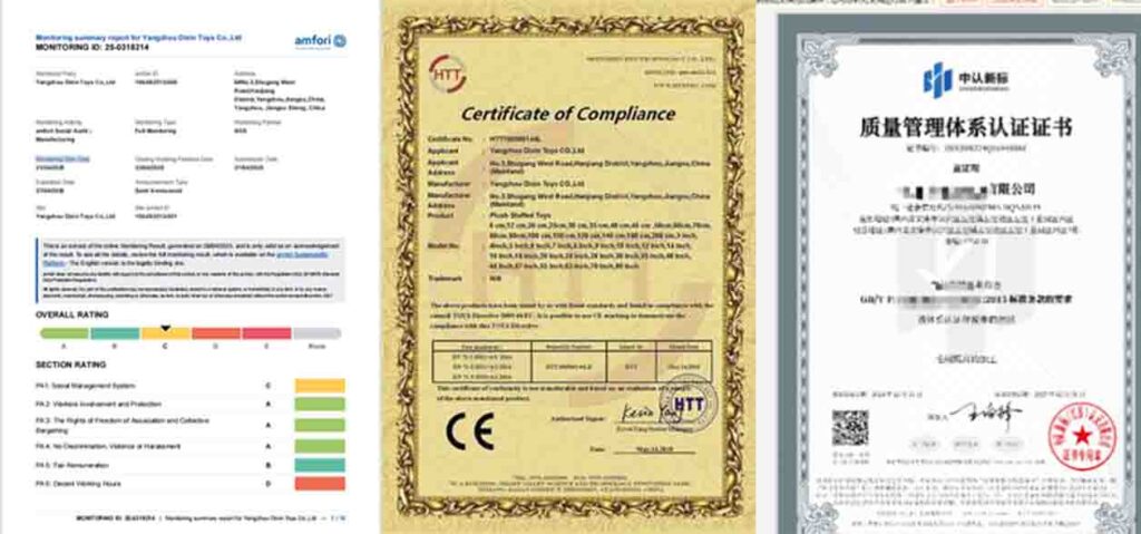 Certificates of compliance and quality management for plush toy manufacturing, including CE and audit reports.