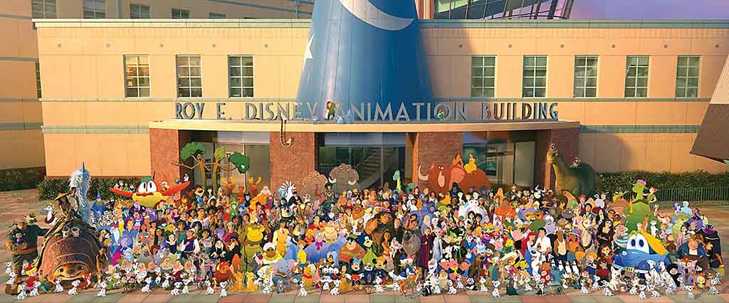 Large group photo of Disney animated characters in front of the Roy E. Disney Animation Building celebrating Disney’s 100th anniversary.