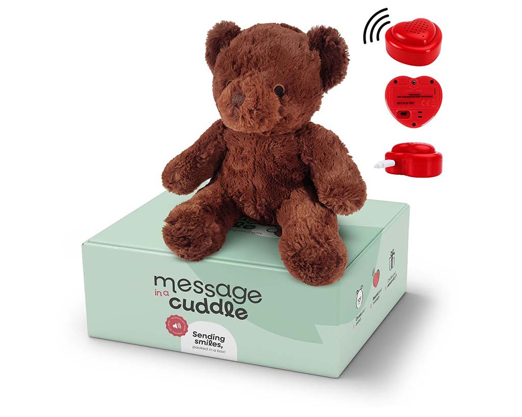 Brown plush teddy bear sitting on a gift box labeled “Message in a Cuddle,” with a red heart-shaped voice recording module shown beside it for adding personalized audio messages.