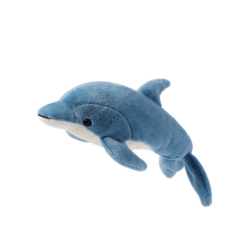 Soft blue dolphin plush toy with white underbelly, black embroidered eyes, and realistic fins, positioned as if swimming on a white background.