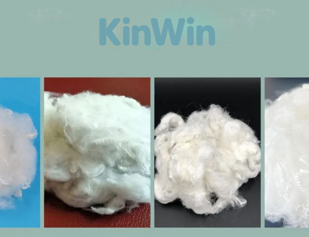 Four types of white polyester staple fibers displayed on colored backgrounds under the Kinwin logo, showing variations in texture and curl for plush toy stuffing.