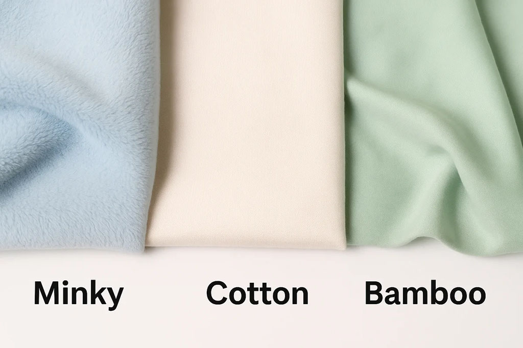 Three fabric samples—blue minky, beige cotton, and green bamboo—showing texture and softness differences.