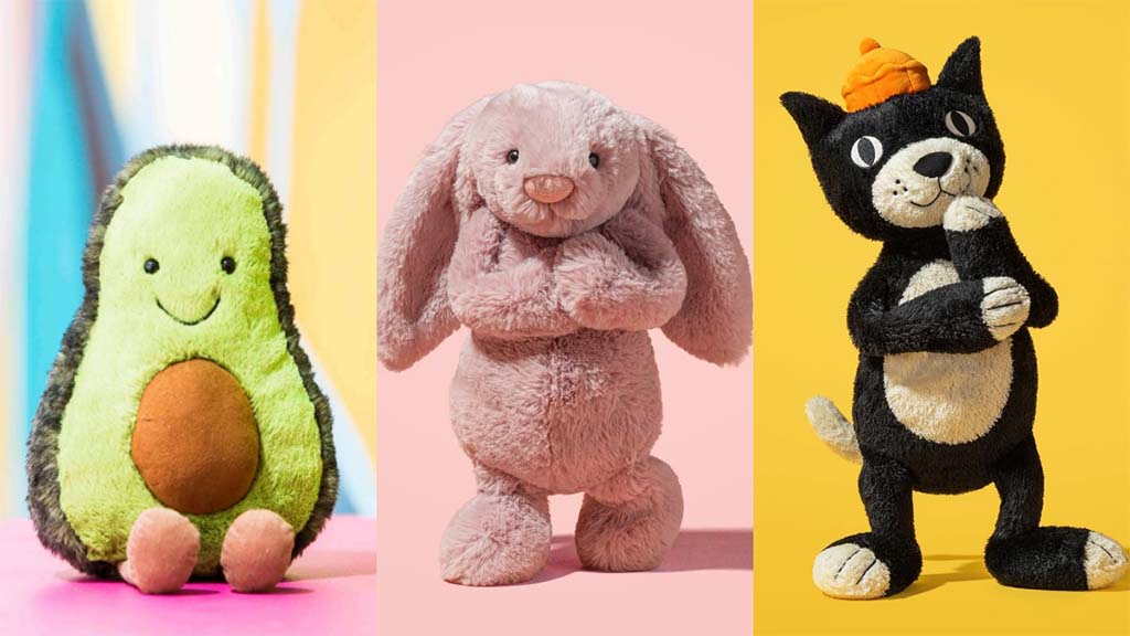 Three colorful plush toys including an avocado, a pink bunny, and a black cat with a hat displayed against bright pastel backgrounds.