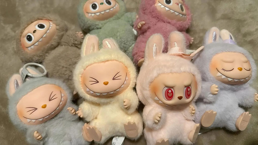 A collection of small bunny-themed plush figures with expressive faces and soft pastel fur, arranged on a beige background.