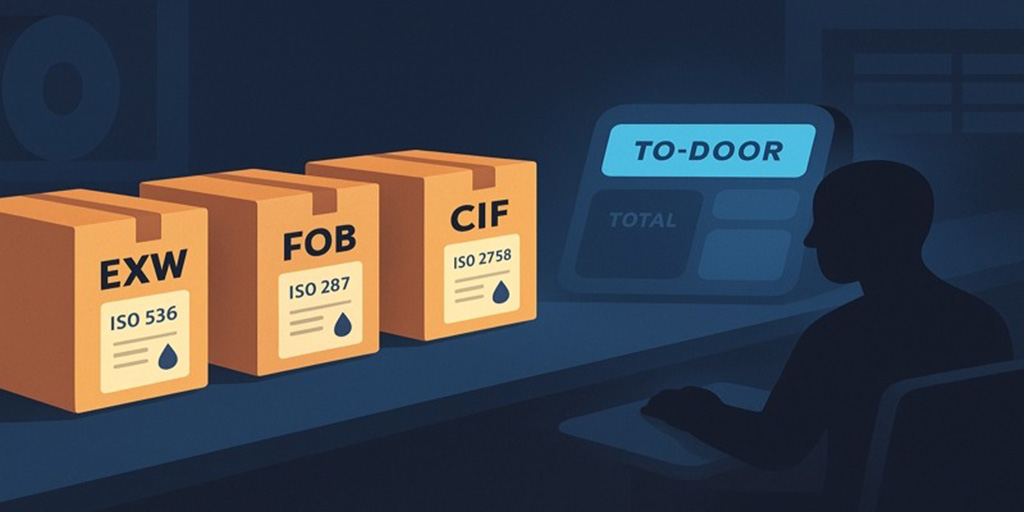 Illustration showing shipping terms EXW, FOB, and CIF on labeled boxes with a person calculating total cost for door-to-door delivery.