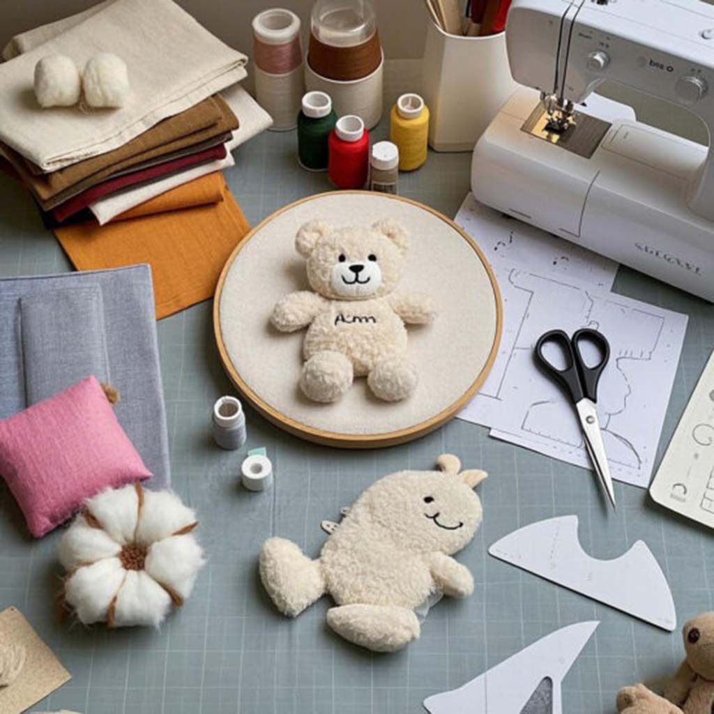 A sewing workspace with fabric, thread, scissors, and templates arranged neatly around two handmade plush toys in progress beside a sewing machine.