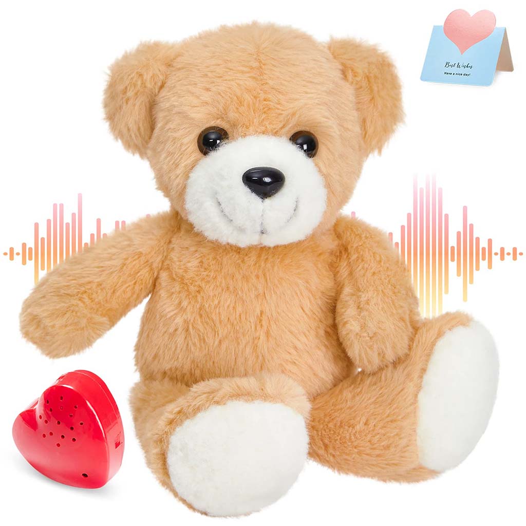 Light brown teddy bear with a red heart-shaped voice recorder and soundwave graphic, designed for personalized audio messages or gifts.
