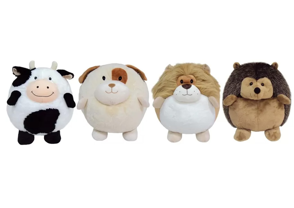 Four round plush toys shaped like a cow, dog, lion, and hedgehog, lined up on a white background.