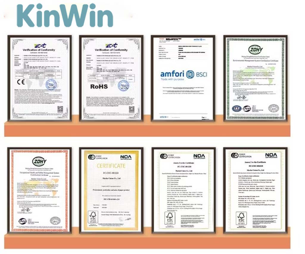 Display of Kinwin’s official certifications including CE, RoHS, BSCI, and ISO standards, representing quality, safety, and ethical manufacturing compliance.