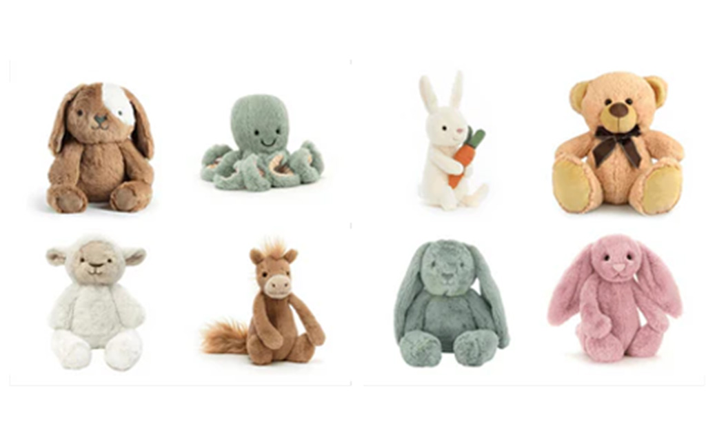 Collection of eight plush toys including bunnies, a bear, lamb, octopus, horse, and dog in pastel and neutral colors arranged on a white background.