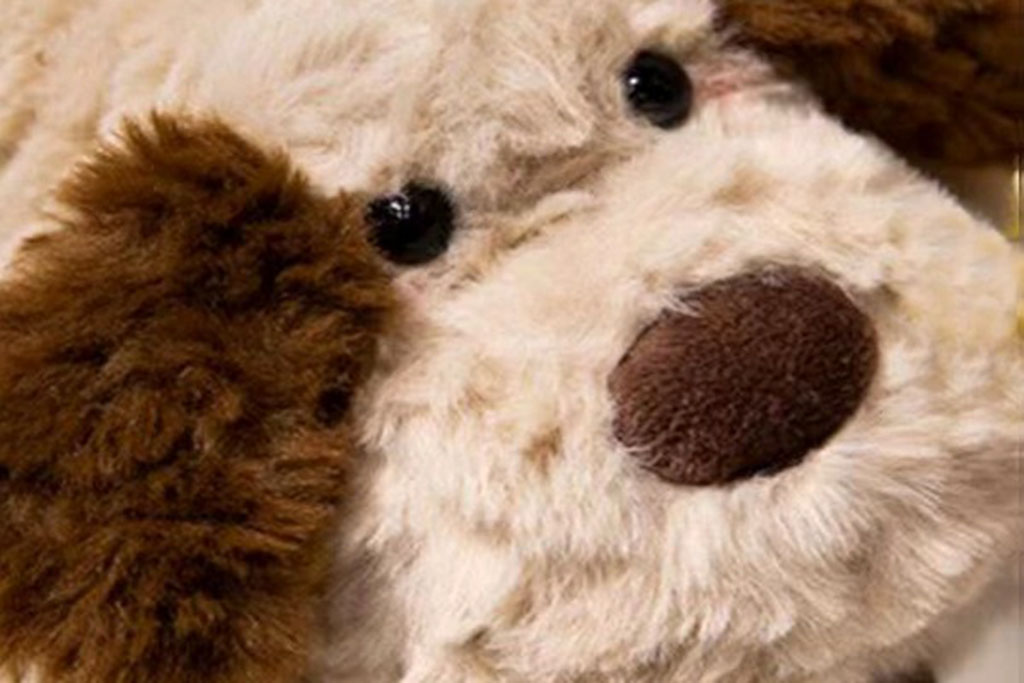 Close-up of a soft plush dog toy with brown ears, black eyes, and a fuzzy cream-colored body.