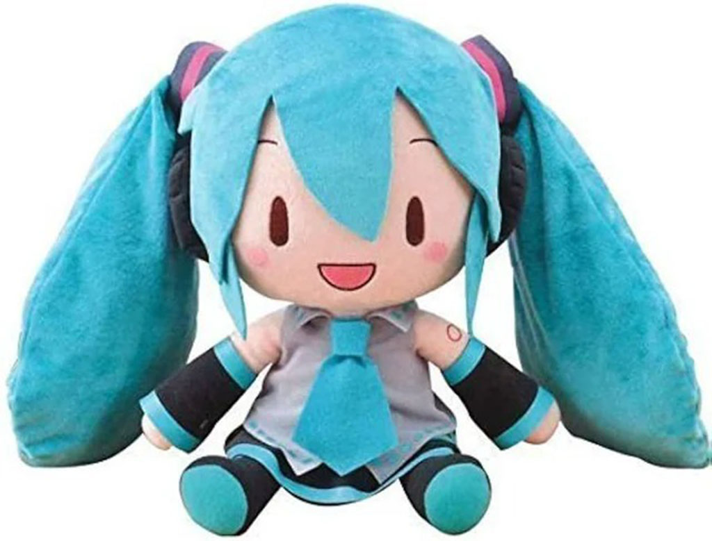 Cute plush toy of an anime-style character with turquoise twin tails, wearing a gray outfit with a blue tie and black sleeves, sitting and smiling on a white background.