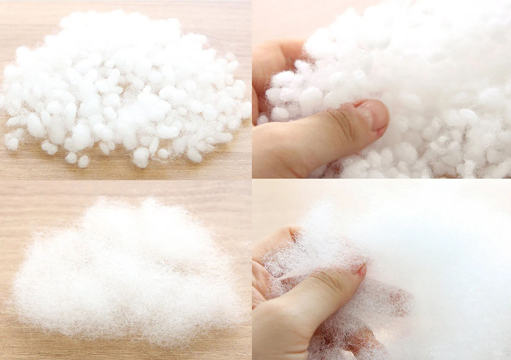 Close-up collage showing polyester and pearl cotton stuffing used for plush toys, held by hand and placed on a wooden surface.