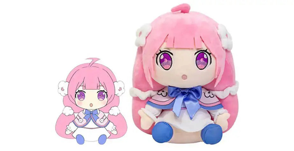 A pink-haired anime-style plush doll with large purple eyes, blue ribbon, and white outfit sitting beside its illustrated character design.