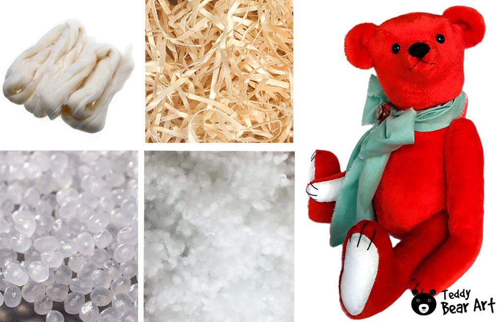 A red teddy bear displayed beside different stuffing materials such as cotton, wood wool, plastic pellets, and polyester fiberfill used in plush toy manufacturing.