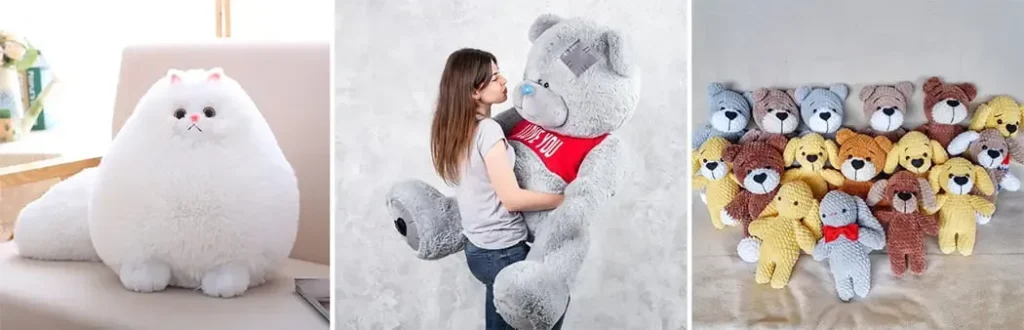 Various plush toys including a fluffy white cat, a woman hugging a giant teddy bear, and a group of colorful small bears made from different plush fabrics.