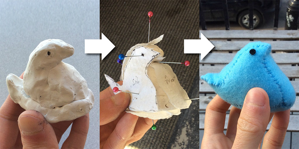 Step-by-step process showing a clay bird model, a pinned paper pattern, and the final blue felt plush bird prototype held in hand.