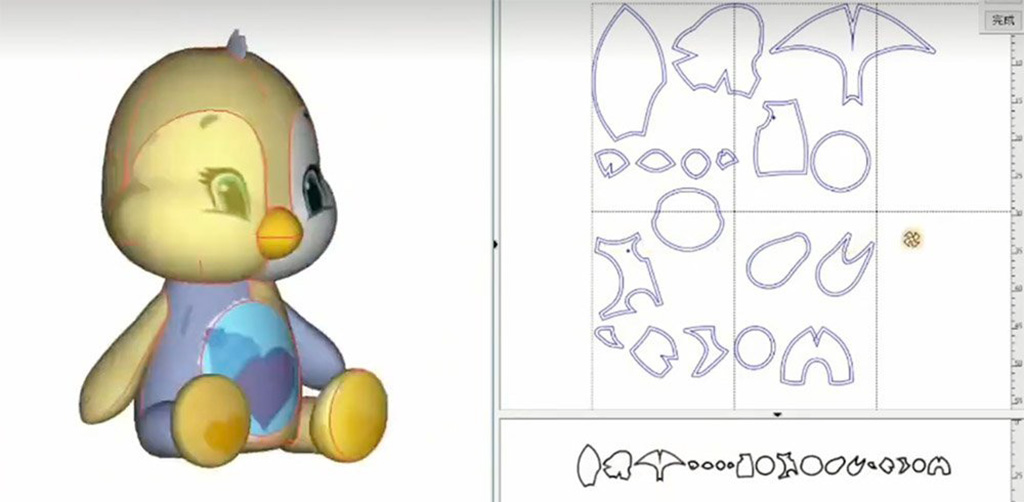 Computer-aided design showing a 3D plush penguin model alongside digital sewing patterns used for plush toy manufacturing.