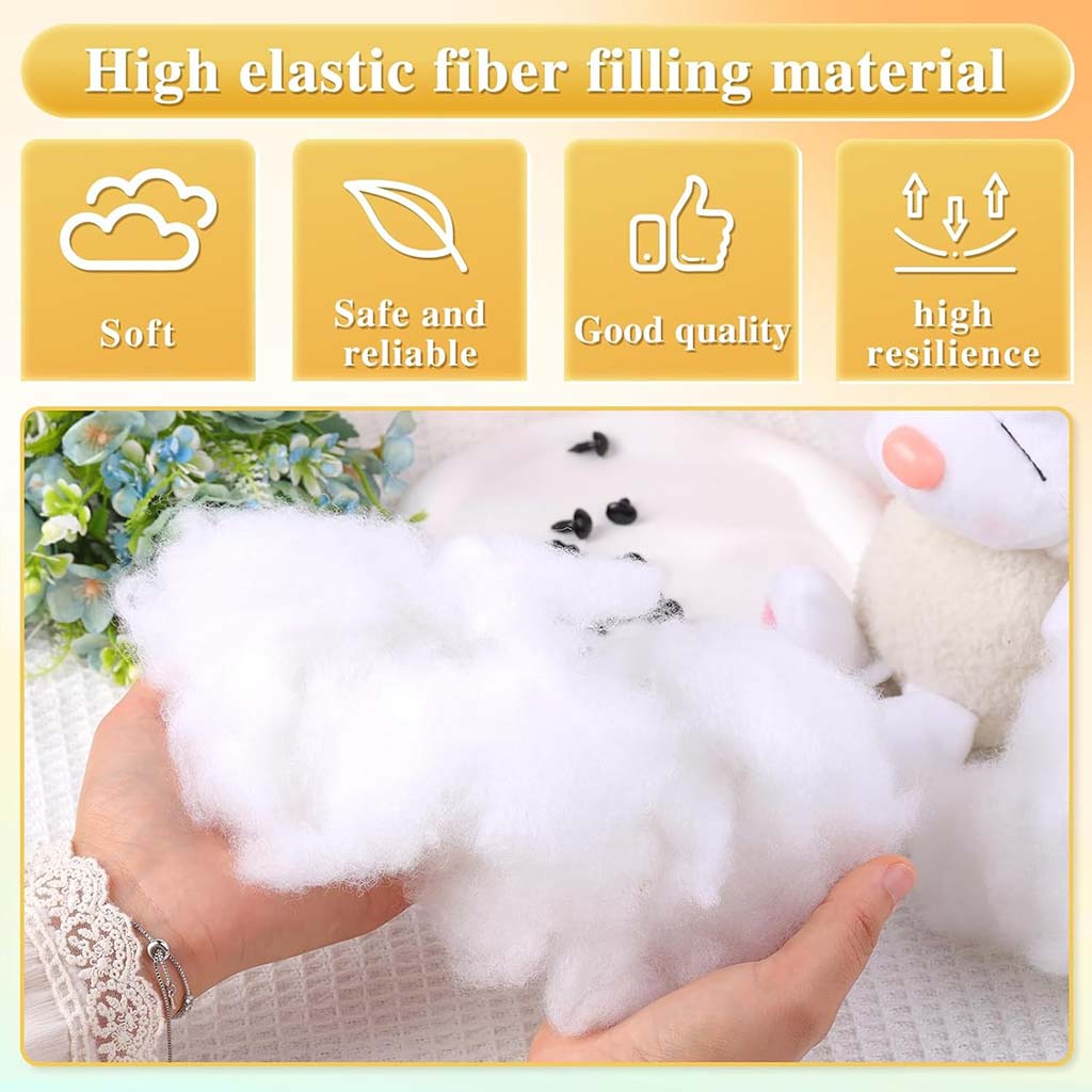 Hands holding fluffy white polyester stuffing with icons describing its features—soft, safe, good quality, and high resilience—ideal for plush toy filling.
