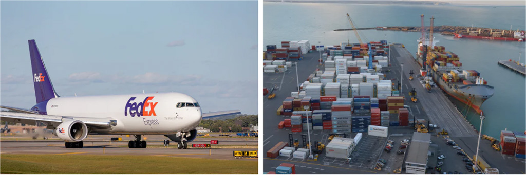 Side-by-side images showing a FedEx cargo airplane on the runway and a busy shipping port with stacked containers and cargo ships, representing global logistics and delivery.