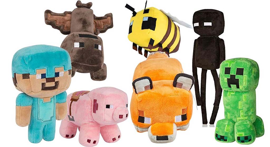 A group of Minecraft-themed plush toys featuring characters like Steve, Creeper, Enderman, Pig, Fox, Bee, and Moose arranged on a white background.