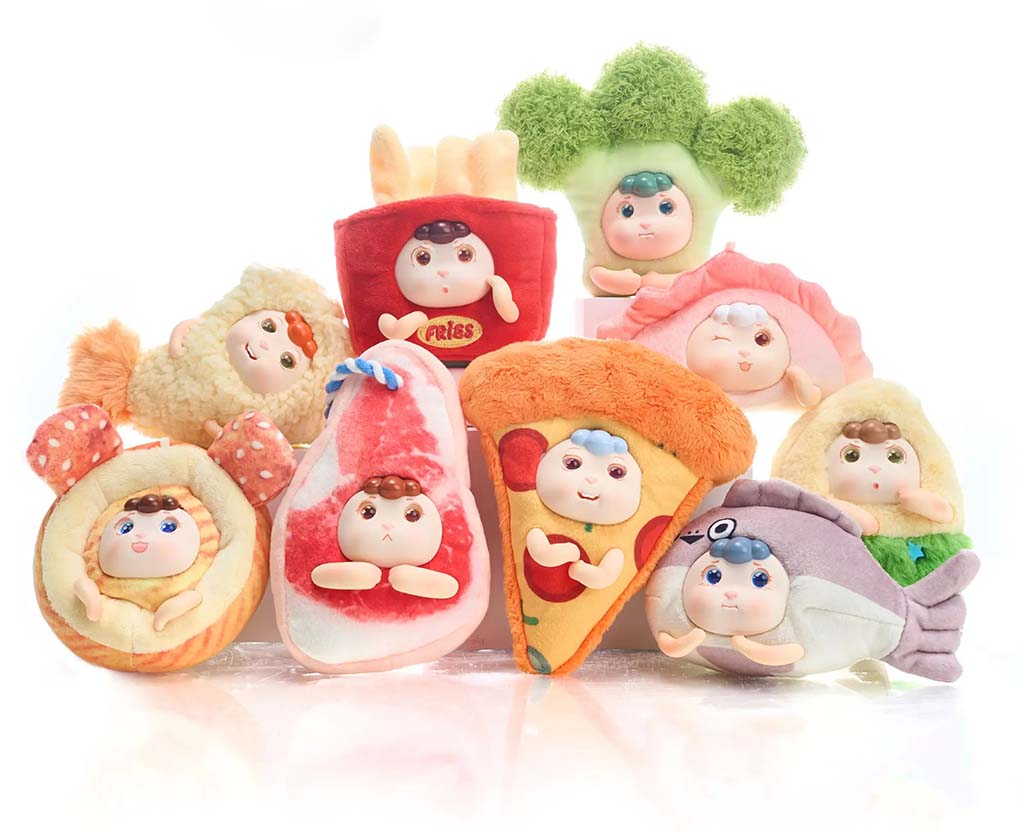 Collection of cute food-themed plush dolls shaped like pizza, fries, broccoli, and meat, each featuring an adorable baby face.