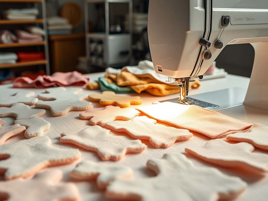 Close-up of a sewing machine stitching soft fabric teddy bear shapes with pastel materials and colorful fabric pieces arranged on the worktable.