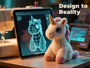 A cute plush unicorn toy sits beside a tablet displaying its 3D wireframe model, illustrating the process of turning digital designs into real plush products.