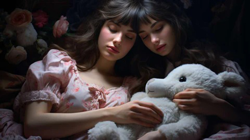 Two girls in soft pink nightgowns peacefully sleeping while cuddling a white teddy bear plush toy, surrounded by a cozy atmosphere.
