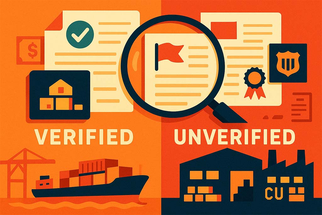 Infographic comparing verified and unverified suppliers with icons of documents, factories, ships, and magnifying glass in orange and yellow tones.