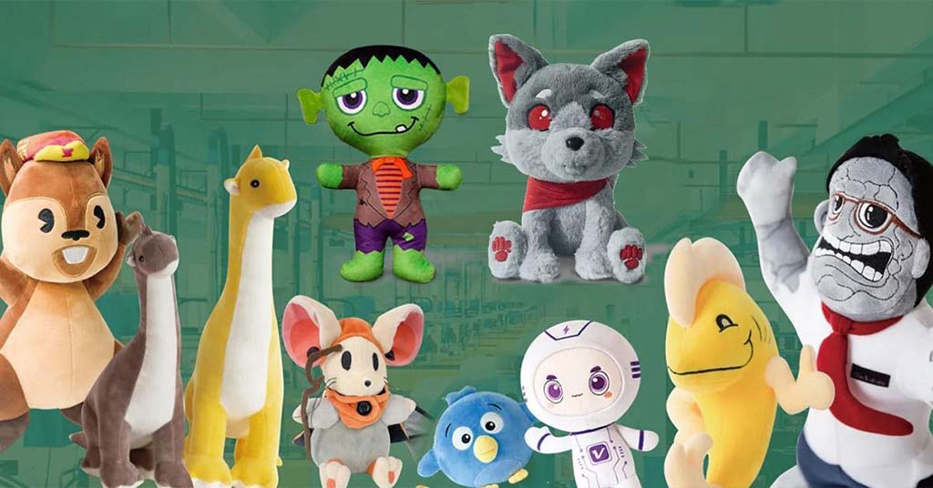 Various custom-designed plush toys including animals, characters, and mascots on a green background.