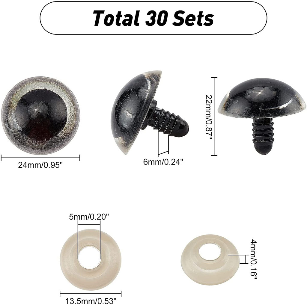 Close-up of black 24mm safety eyes and transparent washers with labeled size dimensions for plush toys.