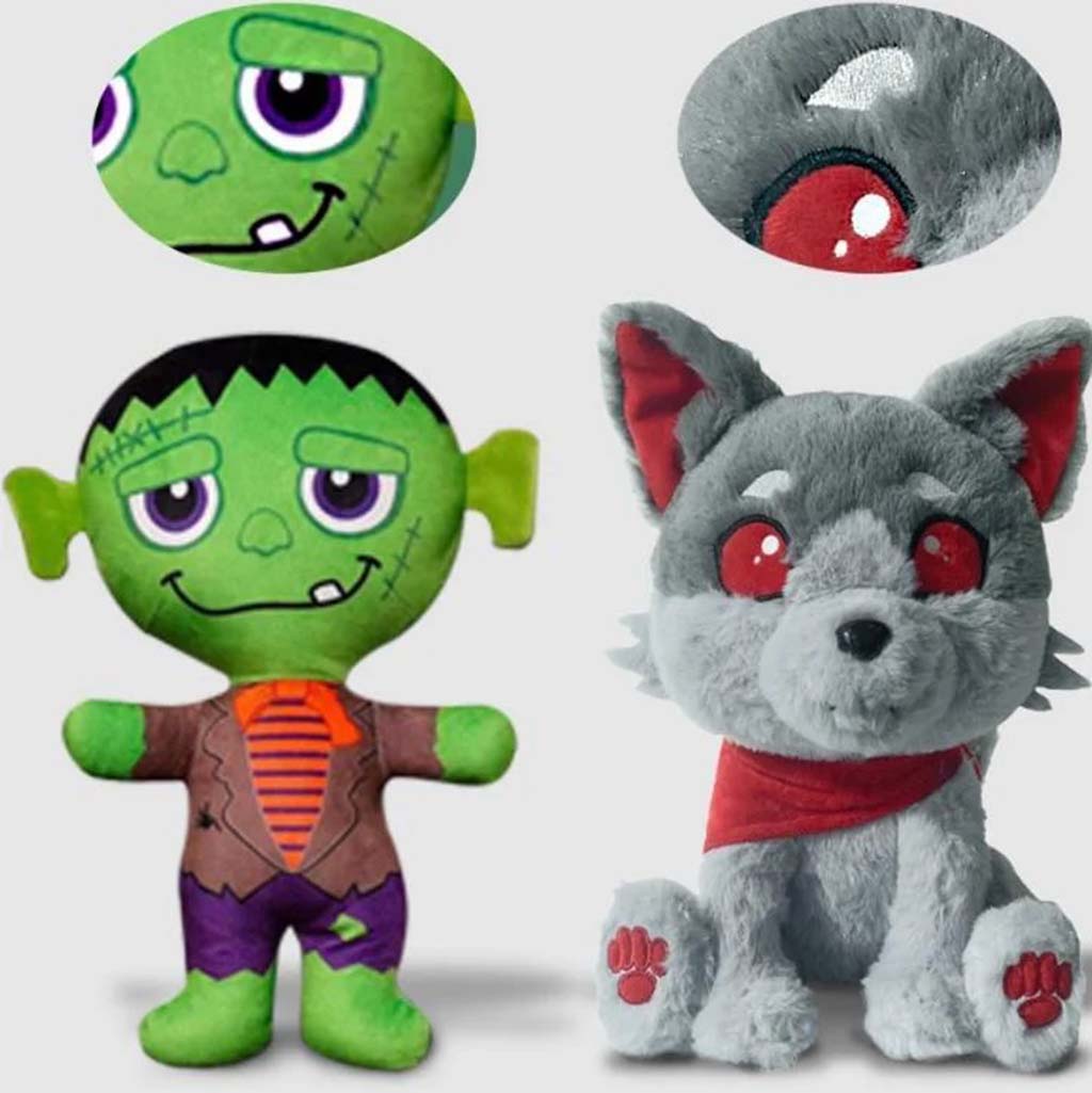 Two Halloween-themed plush toys featuring a green Frankenstein character and a gray wolf with red eyes and scarf, highlighting detailed embroidery on the faces.