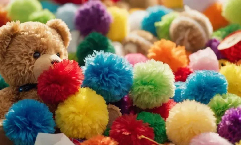 A teddy bear surrounded by bright, colorful pom-poms in various shades, symbolizing creativity and fun in plush toy decoration.