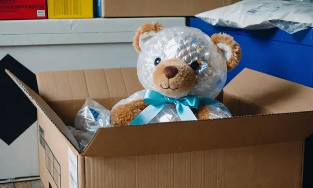 Plush teddy bear wrapped in bubble wrap and packed inside a cardboard shipping box with a blue ribbon around its neck.