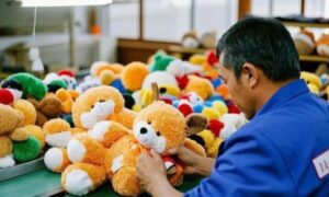 Worker in a blue uniform inspecting orange teddy bears at a plush toy manufacturing factory surrounded by colorful stuffed animals.
