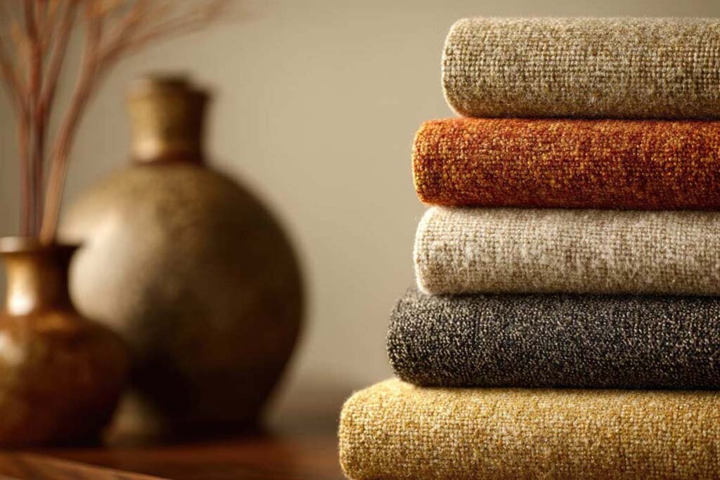 Neatly folded stack of textured upholstery fabrics in earthy tones with ceramic vases in the background.