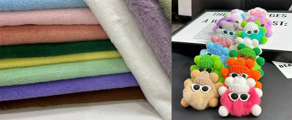 Colorful stacks of soft plush fabrics on the left and a lineup of cute, fuzzy toys wearing sunglasses in bright colors on the right.