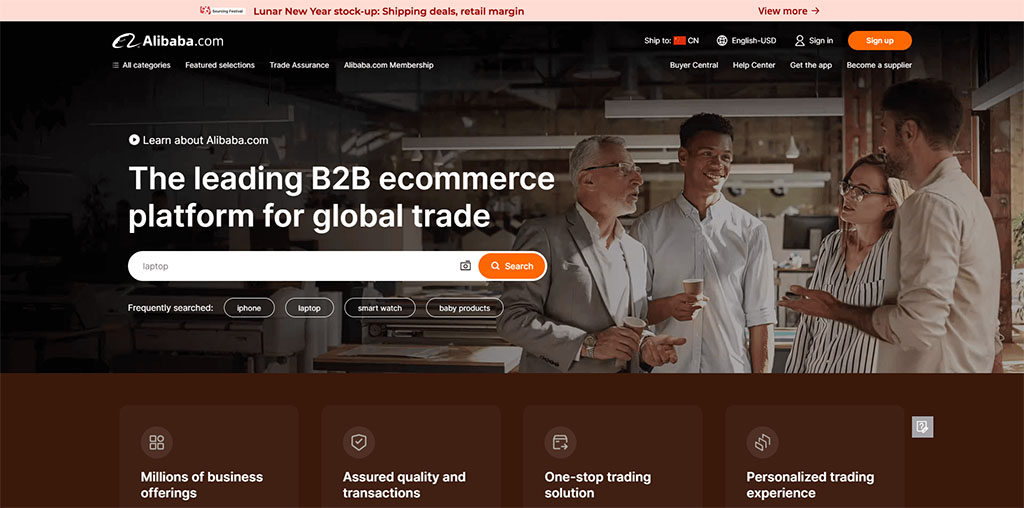 Screenshot of Alibaba.com homepage showing professionals discussing business and search bar highlighting the leading B2B ecommerce platform for global trade.
