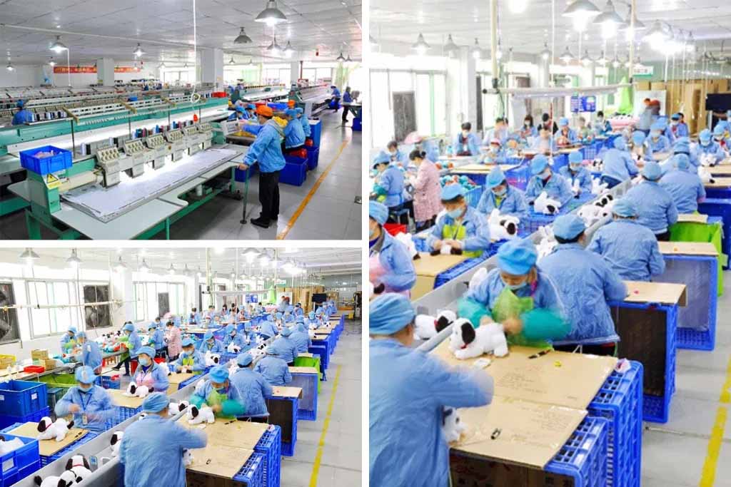 Workers in blue uniforms assembling and inspecting plush toys on production lines in a large, modern factory with embroidery machines and packing stations.
