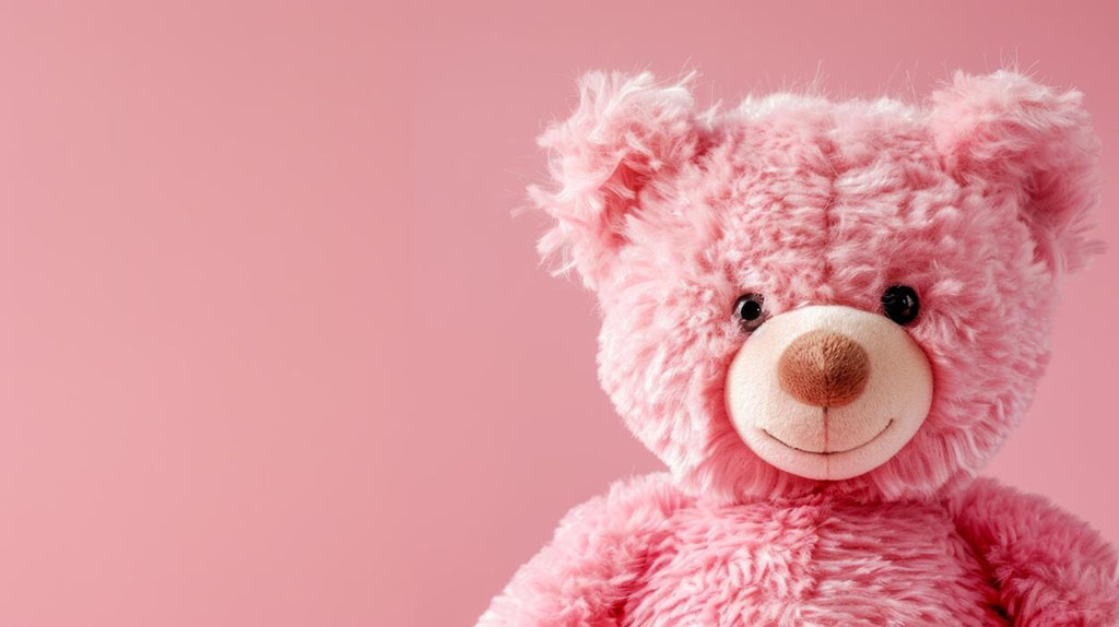 A soft pink teddy bear with a smiling face sitting against a pastel pink background, symbolizing comfort and childhood joy.