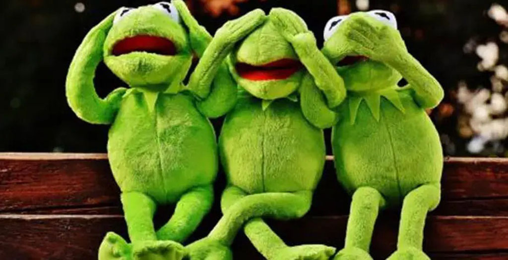 Three identical green frog plush toys sit on a wooden bench, each covering their ears, eyes, and mouth in a playful “see no evil, hear no evil, speak no evil” pose.