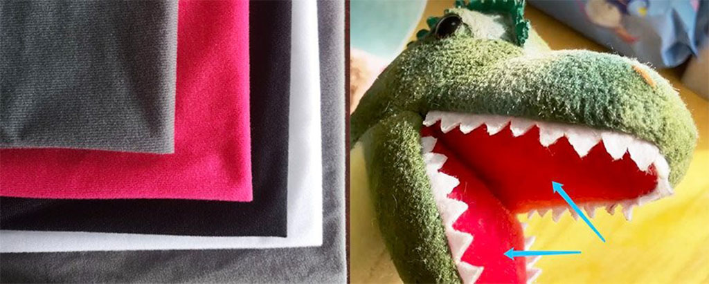Stack of colorful fleece fabrics and a dinosaur plush toy showing inner fleece lining, demonstrating material use in plush manufacturing.